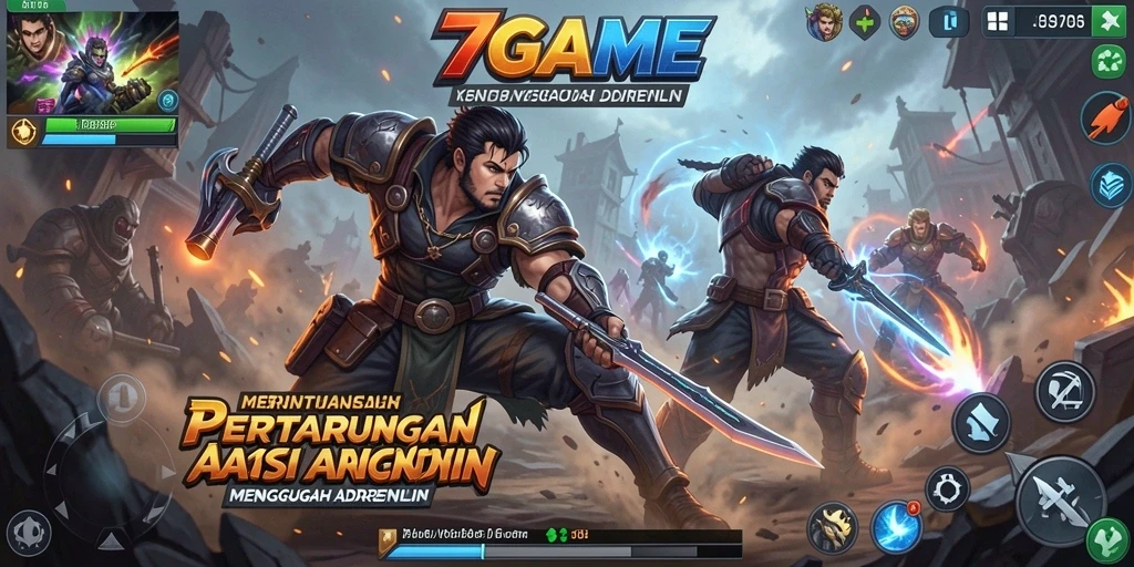 Screenshot utama 7GAME menampilkan pertarungan seru dan karakter dinamis.