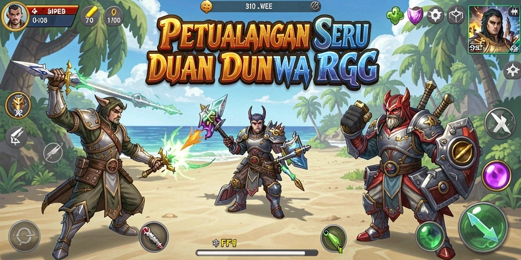 Screenshot gameplay F7F7 menunjukkan pertarungan epik dan eksplorasi dunia fantasi.