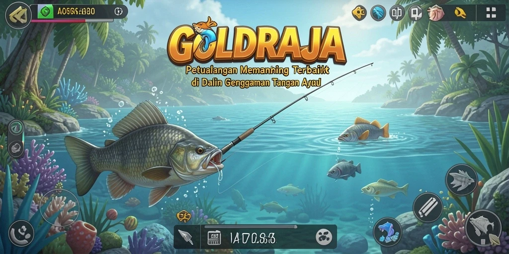 Screenshot gameplay <strong>GOLDRAJA</strong> yang menampilkan momen memancing yang mendebarkan.