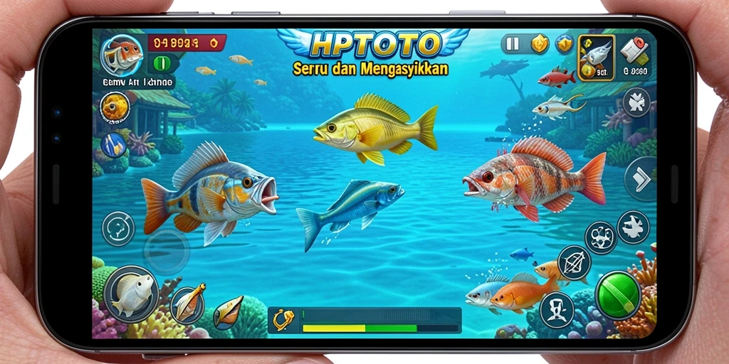 Screenshot HPTOTO menunjukkan karakter menembak ikan di bawah laut.