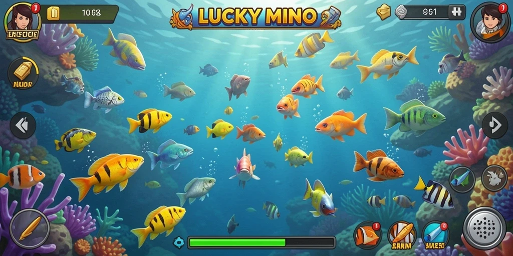 Screenshot LUCKYMINO menampilkan aksi tembak ikan yang mendebarkan.