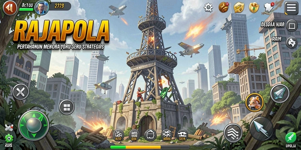 Tampilan gameplay seru dari RAJAPOLA saat mengalahkan musuh dengan menara.