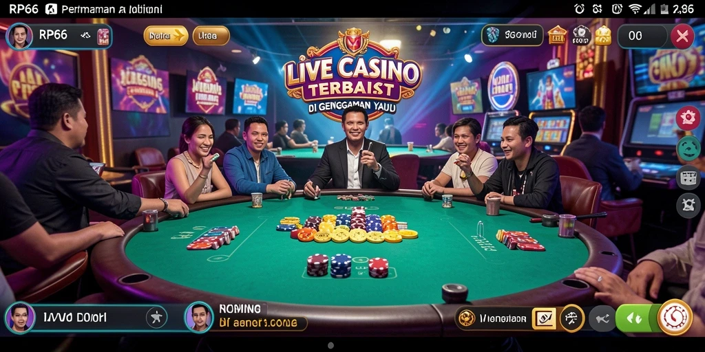 Screenshot gameplay Live Casino dengan dealer dan pemain interaktif.