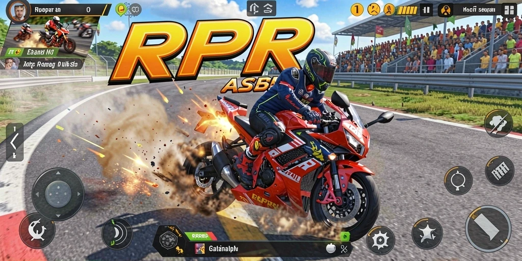 Tampilan gameplay RPRR dengan balapan motor di trek yang menantang.