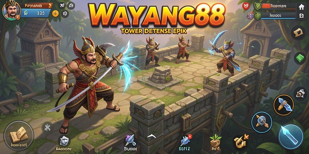Tangkapan layar utama gameplay WAYANG88 menunjukkan karakter wayang berjuang di medan perang.